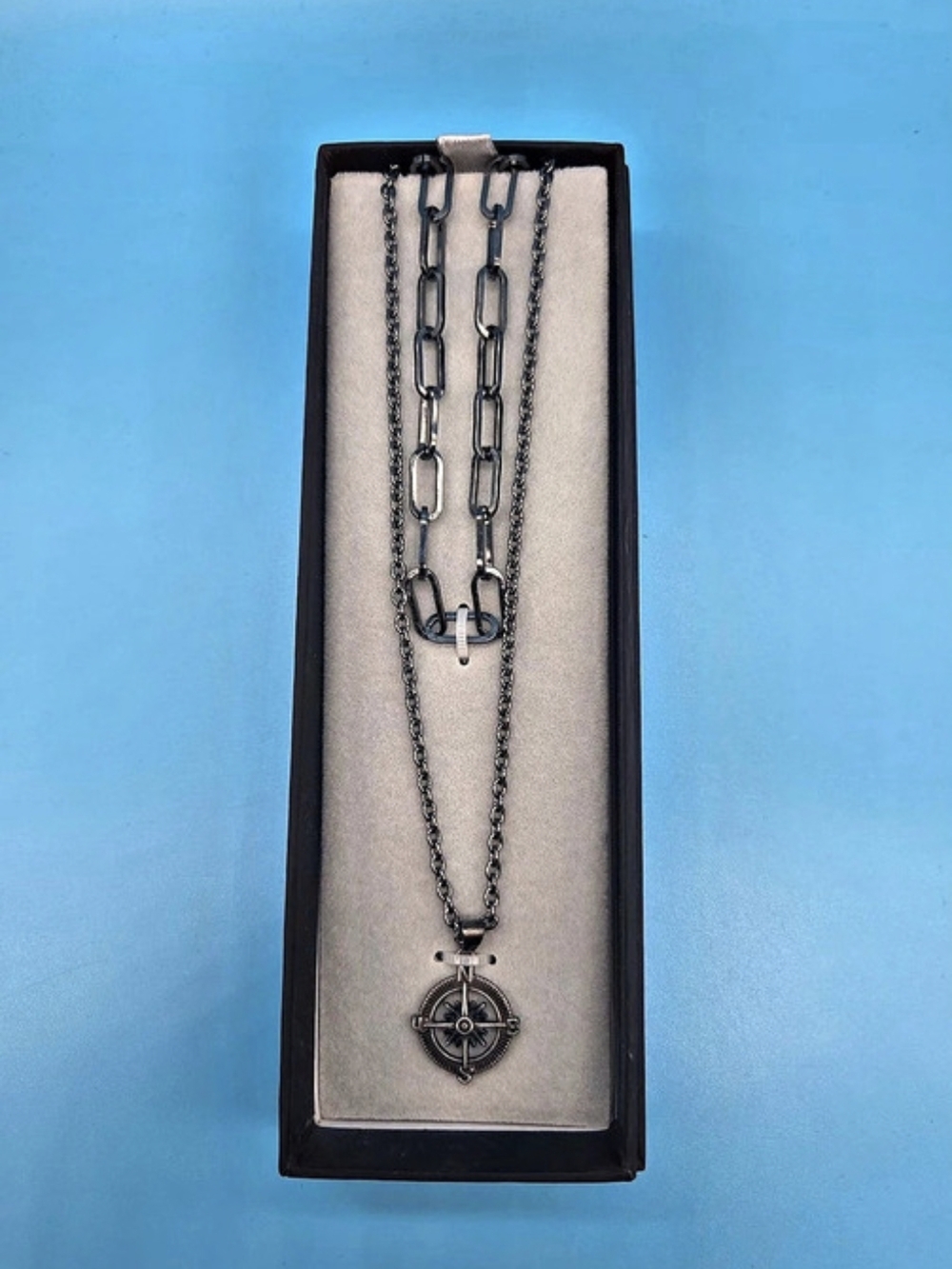 Linea Uomo Layered Compass Pendant Necklace in Black & Gray